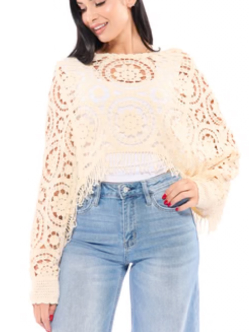 **NWT** BiBi Open Crochet Fringe CreamTop - Picture 1 of 2